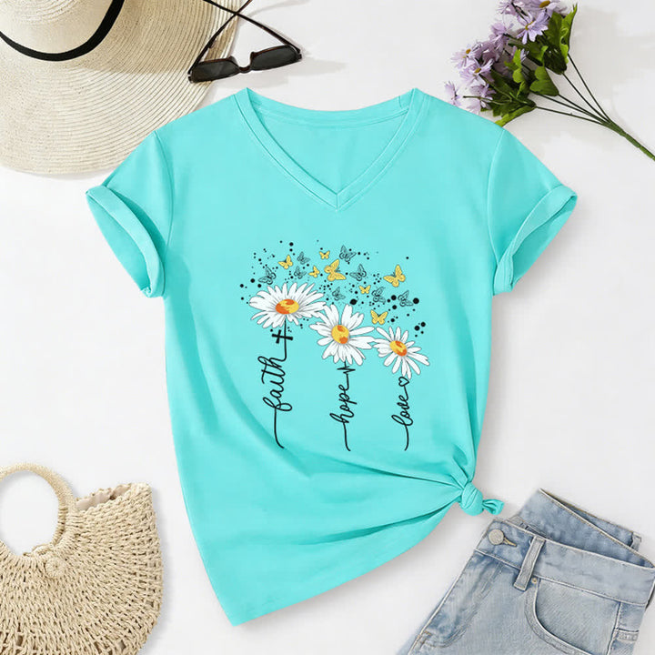 Christianartworkshop Camiseta de mujer con cuello en V y estampado de margaritas y mariposas "Fe, Esperanza, Amor" - Azul - 2XL - image 22
