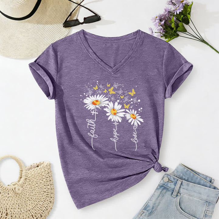 Christianartworkshop Camiseta de mujer con cuello en V y estampado de margaritas y mariposas "Fe, Esperanza, Amor" - Púrpura - 2XL - image 14