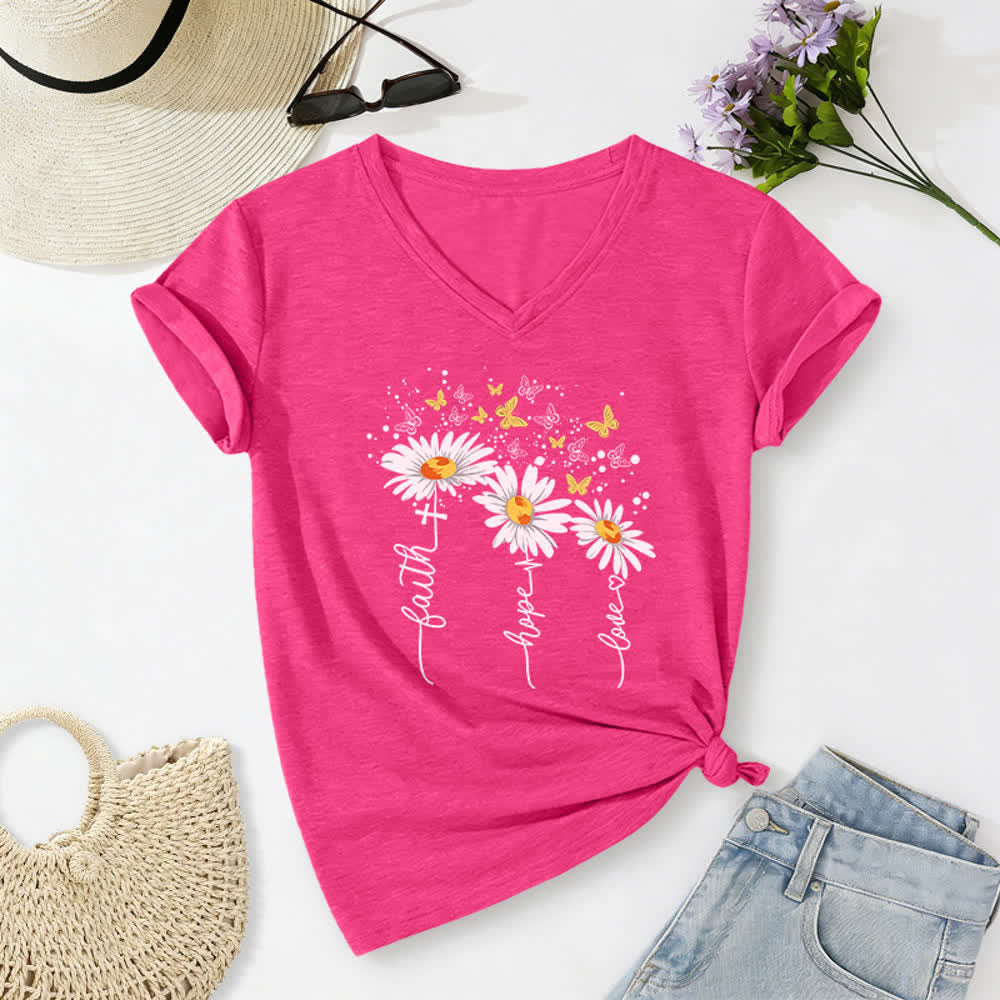 Christianartworkshop Camiseta de mujer con cuello en V y estampado de margaritas y mariposas "Fe, Esperanza, Amor" - image 12