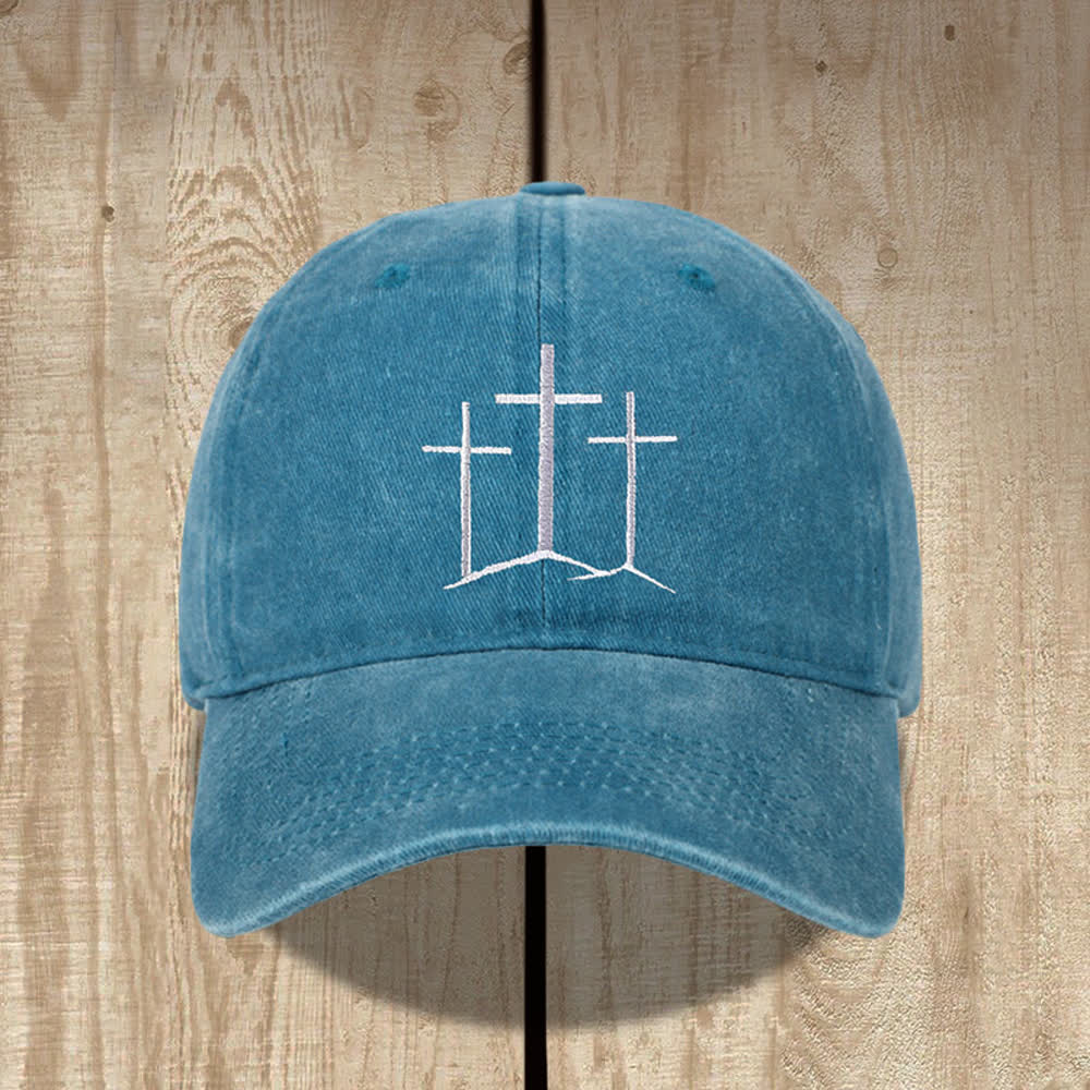 Christianartworkshop Gorro clásico lavado con bordado de tres cruces y la frase "Fe". - Azul del lago - image 10