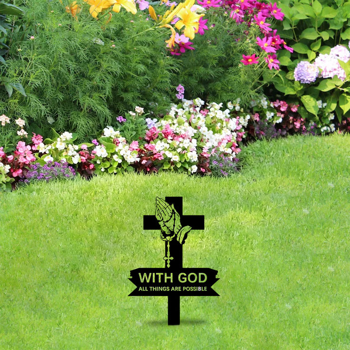Christianartworkshop Estaca metálica para jardín con cruz y manos en oración, con texto inspirador: emblema de convicción sagrada inquebrantable. - image 3