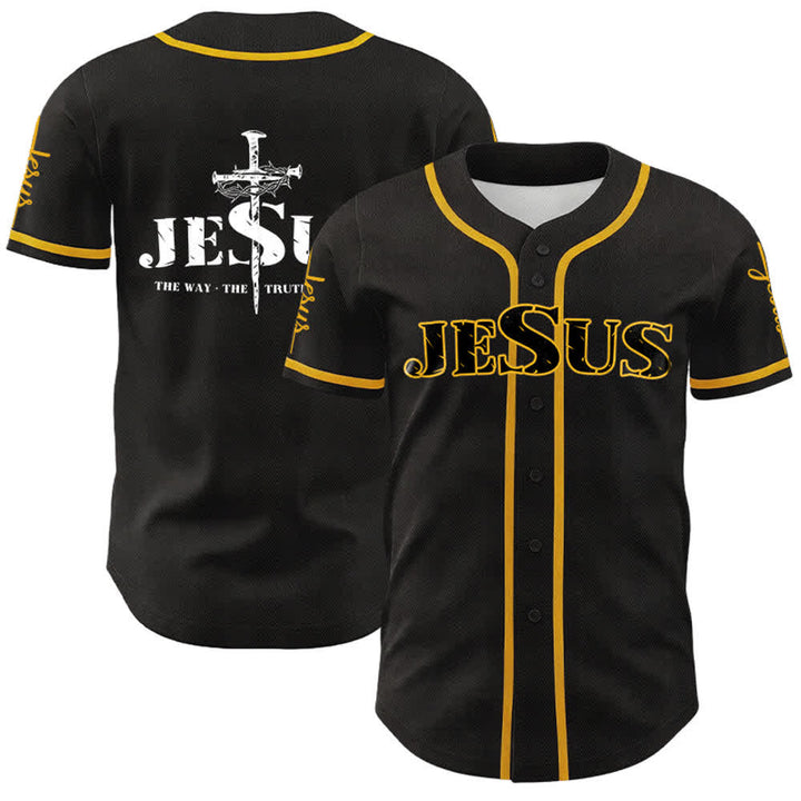 Camiseta de béisbol con la cruz de Jesús, clavos y corona de espinas de Christianartworkshop - Jesús negro - Dorado - 5XL - image 0