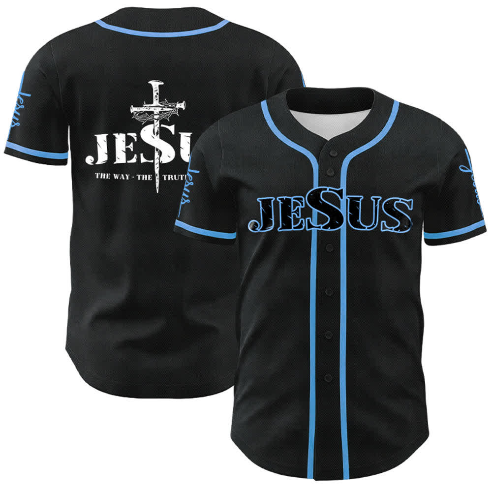 Camiseta de béisbol con la cruz de Jesús, clavos y corona de espinas de Christianartworkshop - Jesús negro - Azul cielo - 5XL - image 20