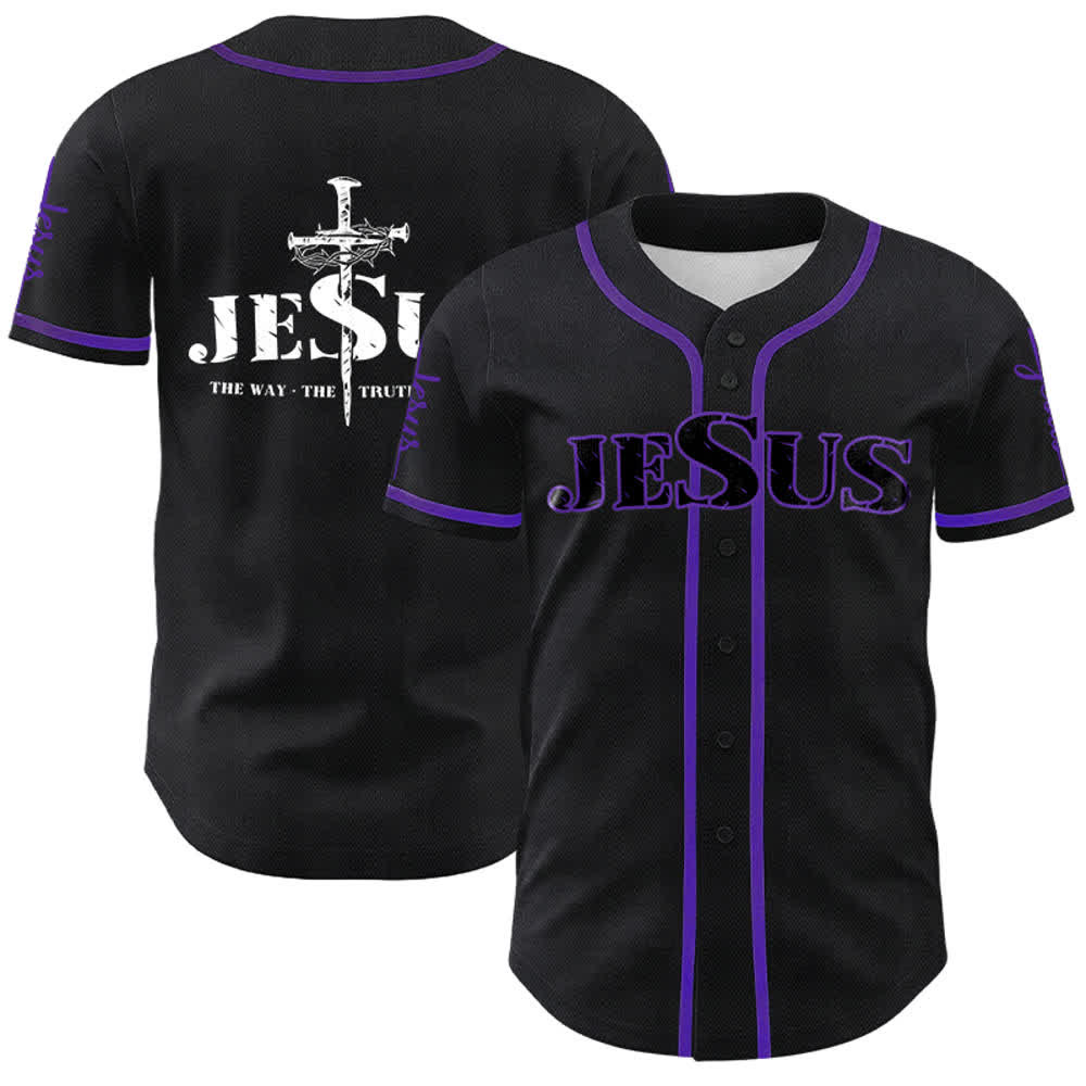 Camiseta de béisbol con la cruz de Jesús, clavos y corona de espinas de Christianartworkshop - Jesús negro - Púrpura - 5XL - image 29