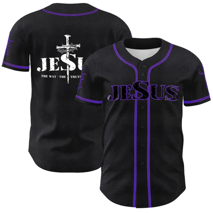 Camiseta de béisbol con la cruz de Jesús, clavos y corona de espinas de Christianartworkshop - Jesús negro - Púrpura - 5XL - image 29