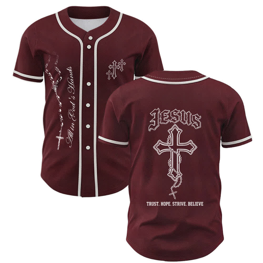 Christianartworkshop Camiseta de béisbol unisex con el lema "Confía, espera, lucha, cree". Todo está en las manos de Dios. Motivo de fe. - Vino - 5XL - image 0