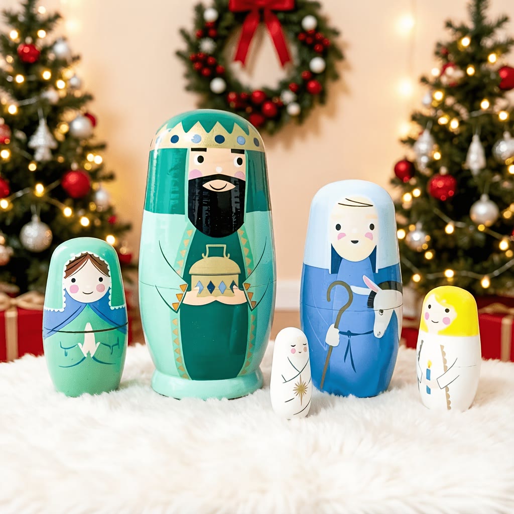 Christianartworkshop Muñecas rusas de madera con escena de la Natividad: Una reinterpretación caprichosa de la Noche Santa. - image 3