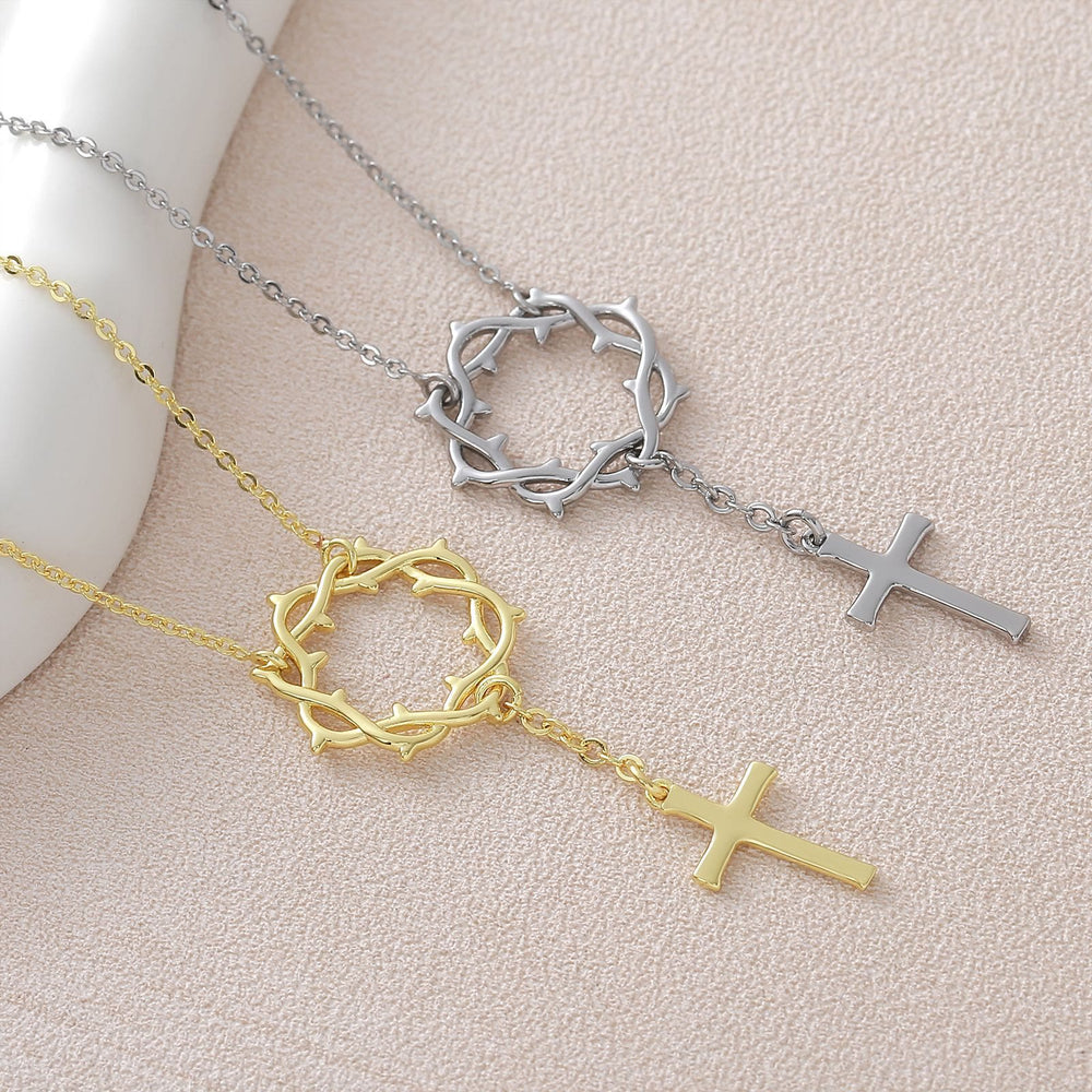 Christianartworkshop Collar tipo lariat con corona de espinas y cruz pulida: emblema de la gracia redentora sagrada. - image 1