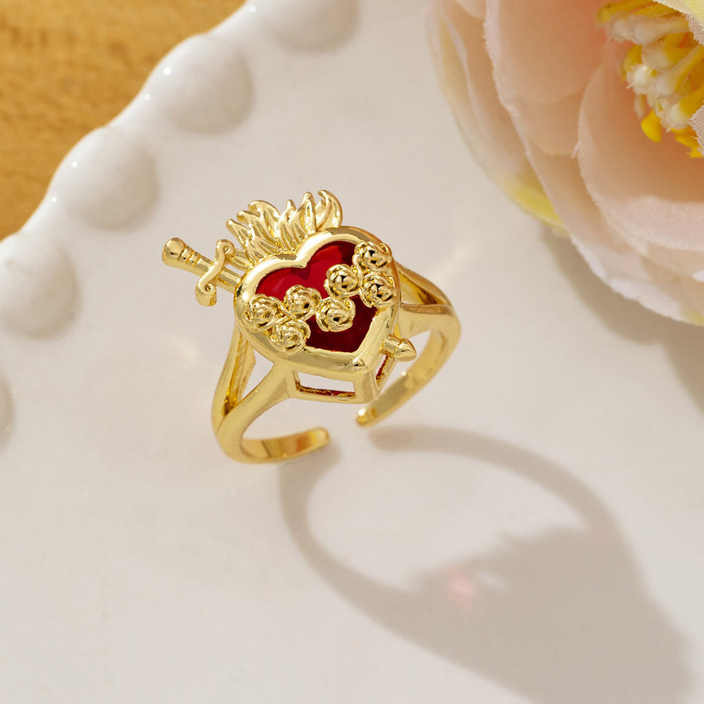 Christianartworkshop Anillo abierto ajustable con el Sagrado Corazón ornamentado: emblema de la infinita compasión celestial. - A (Adecuado para tallas estadounidenses 7-15) - image 1