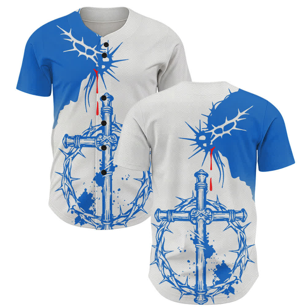 Christianartworkshop Camiseta de béisbol unisex bicolor blanca y azul con cruz envuelta en espinas y diseño de la Cruz de la Fe. - 5XL - image 0