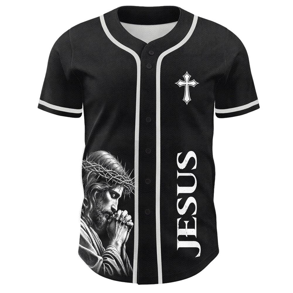Christianartworkshop Camiseta de béisbol unisex vintage con la imagen de Jesús rezando y la corona de espinas. - image 1