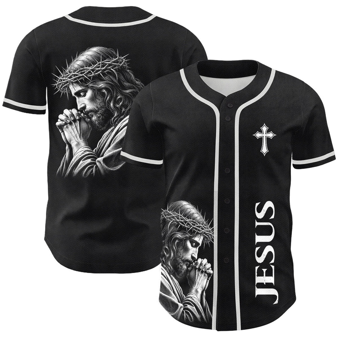 Christianartworkshop Camiseta de béisbol unisex vintage con la imagen de Jesús rezando y la corona de espinas. - 5XL - image 0