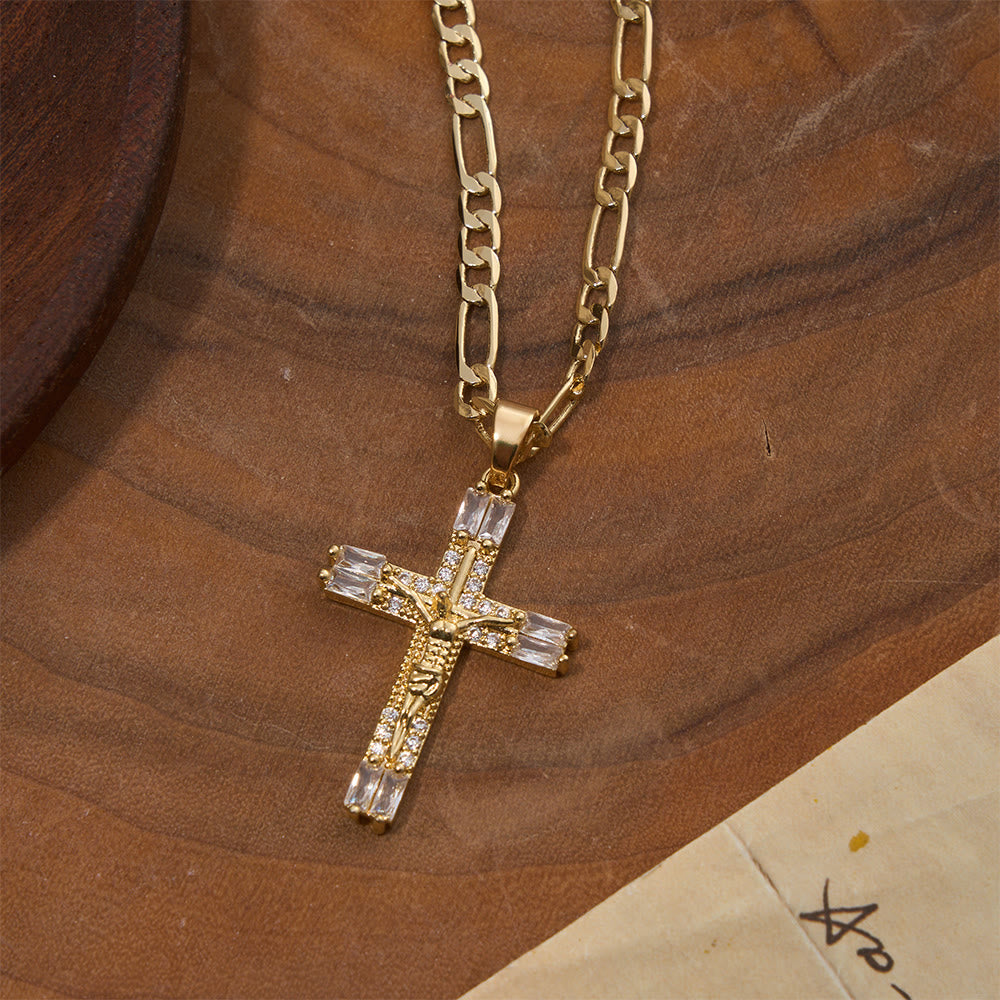 Christianartworkshop Collar con cadena Figaro de crucifijo de cristal baguette: emblema de la eterna misericordia divina. - image 2