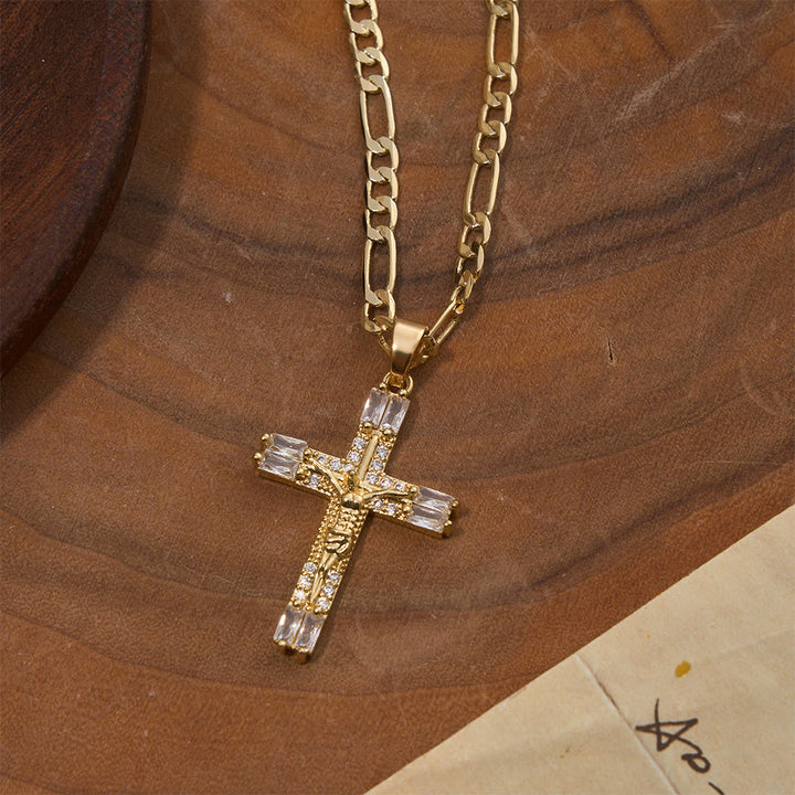 Christianartworkshop Collar con cadena Figaro de crucifijo de cristal baguette: emblema de la eterna misericordia divina. - image 2
