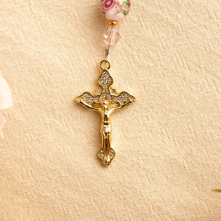 Christianartworkshop Rosario de bolsillo para coche en cristal pintado con motivos florales y crucifijo de diamantes de imitación: emblema de la dulce paz celestial. - image 9
