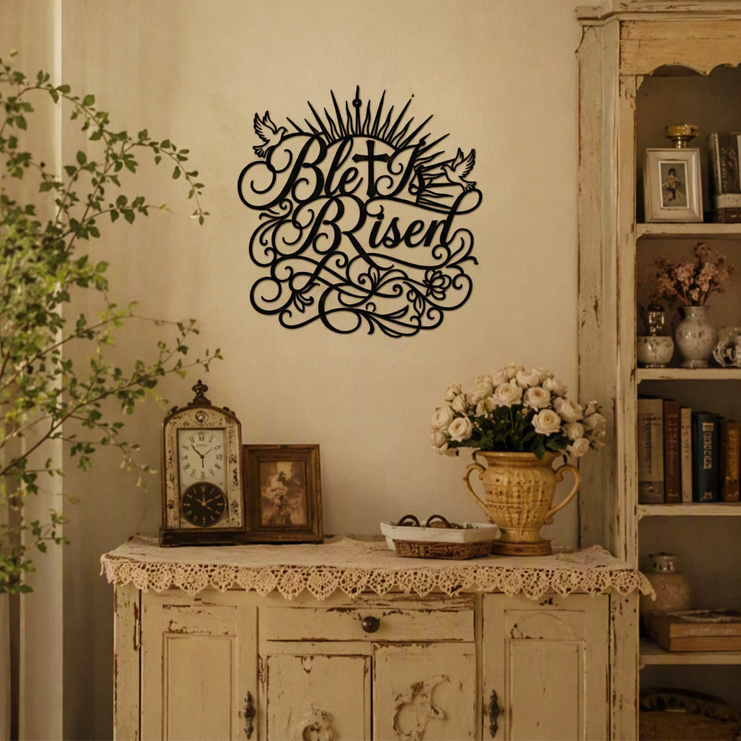 Christianartworkshop Letrero metálico de pared con la inscripción "Él ha resucitado": Emblema de la esperanza de resurrección eterna. - image 0