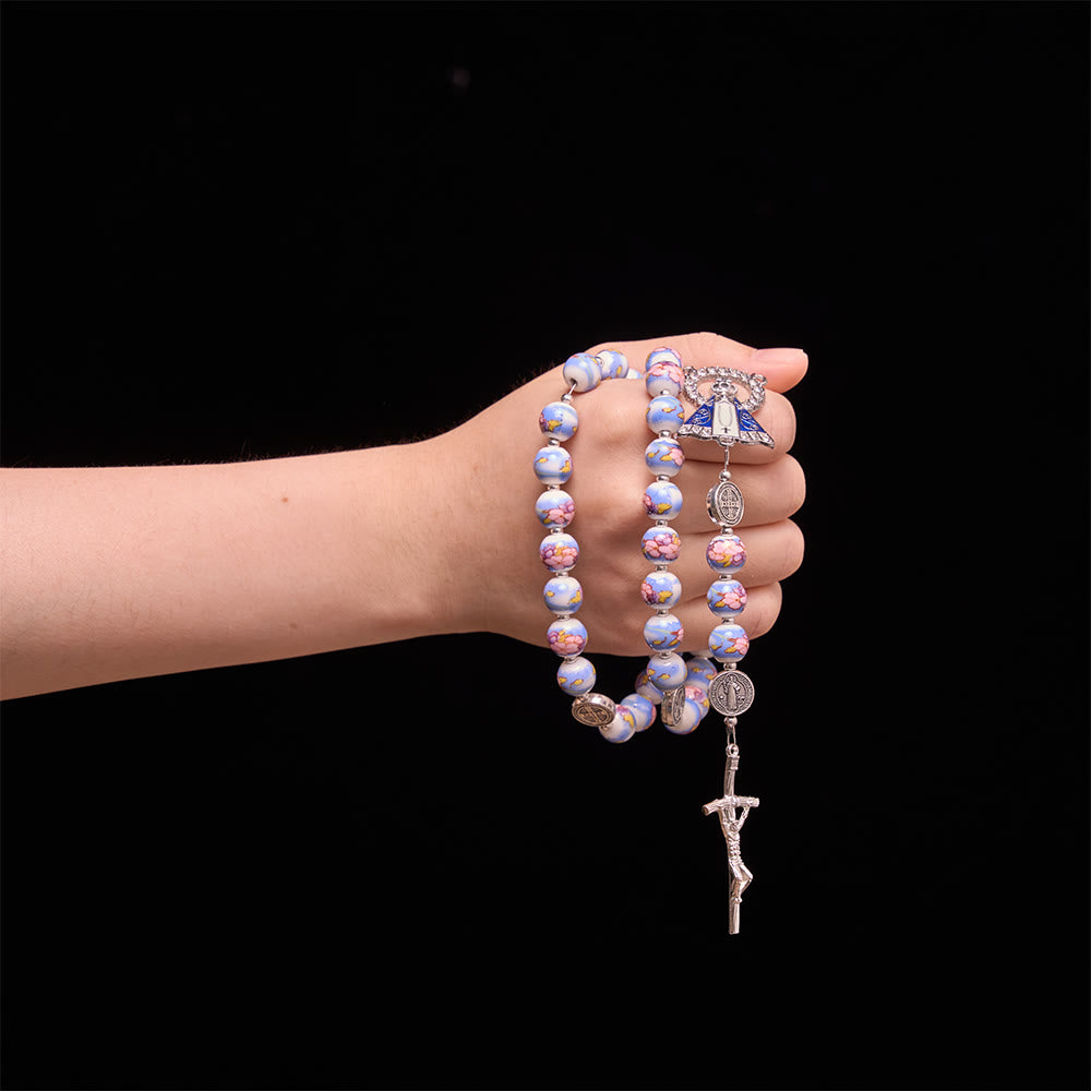 Christianartworkshop Rosario de cerámica floral azul y blanco con medallas de San Benito y Nuestra Señora - image 22