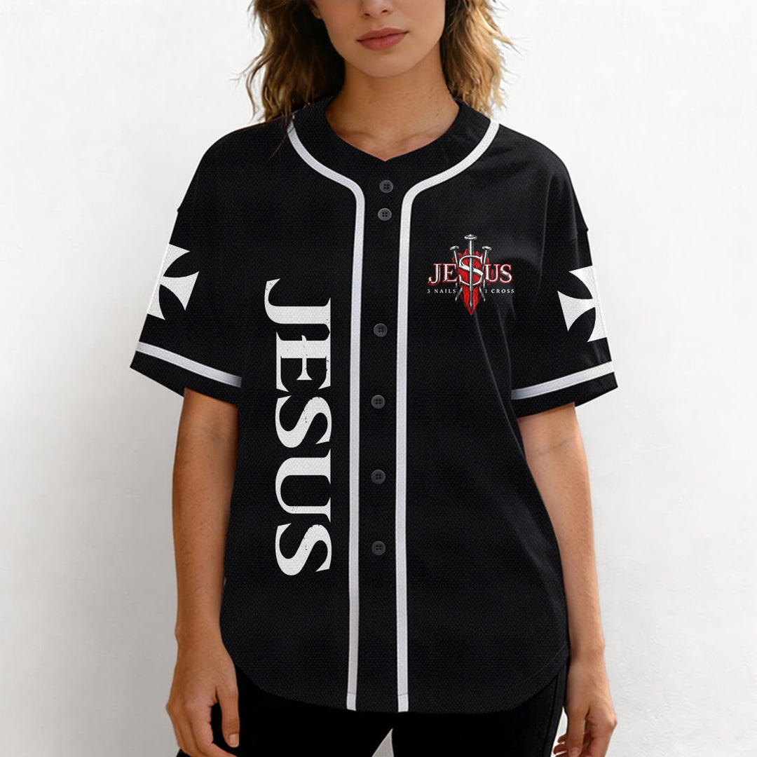 Christianartworkshop Parte delantera vertical Jesús Clavo Cruz Emblema Parte trasera Rayo León de Judá Retrato Camiseta de béisbol abotonada - image 12