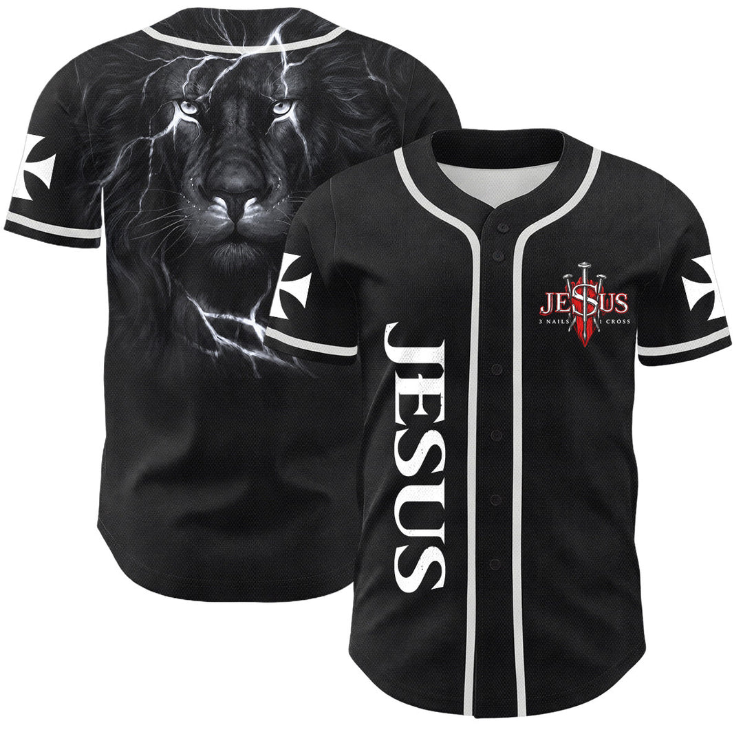 Christianartworkshop Parte delantera vertical Jesús Clavo Cruz Emblema Parte trasera Rayo León de Judá Retrato Camiseta de béisbol abotonada - Blanco - 5XL - image 7