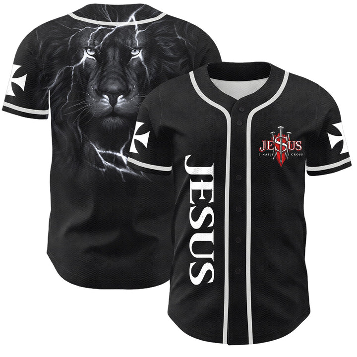 Christianartworkshop Parte delantera vertical Jesús Clavo Cruz Emblema Parte trasera Rayo León de Judá Retrato Camiseta de béisbol abotonada - Blanco - 5XL - image 7