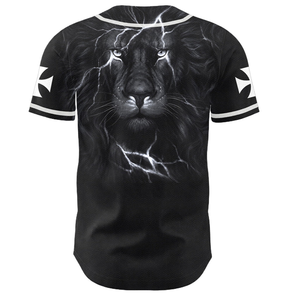 Christianartworkshop Camiseta de béisbol con botones y emblema de la Cruz de Jesús vertical en la parte delantera y retrato del León de Judá con rayo en la parte trasera. - image 9