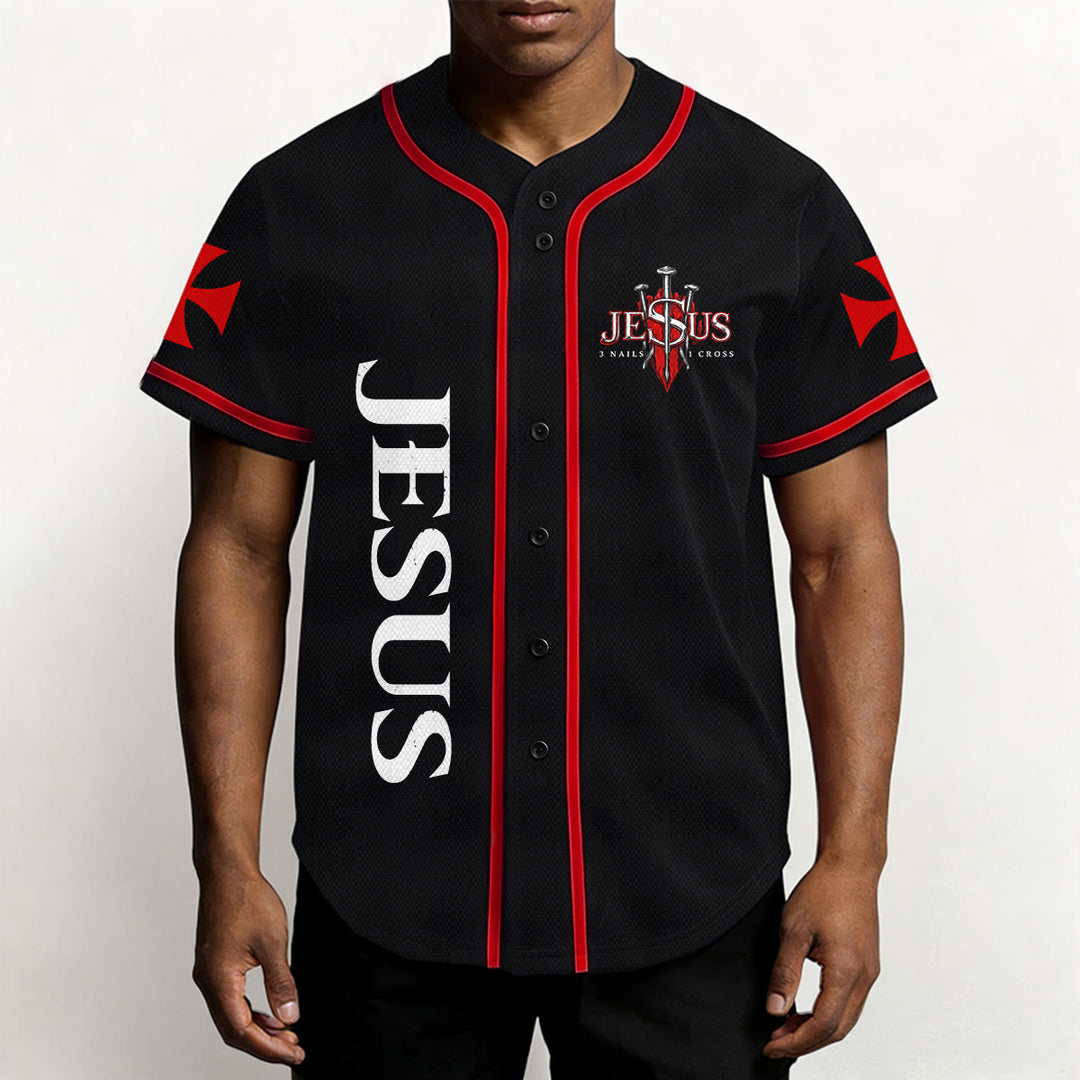 Christianartworkshop Parte delantera vertical Jesús Clavo Cruz Emblema Parte trasera Rayo León de Judá Retrato Camiseta de béisbol abotonada - image 3