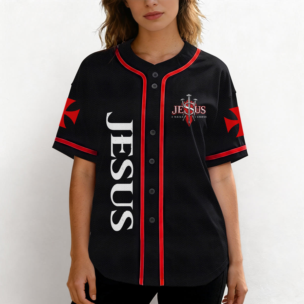 Christianartworkshop Camiseta de béisbol con botones y emblema de la Cruz de Jesús vertical en la parte delantera y retrato del León de Judá con rayo en la parte trasera. - image 5