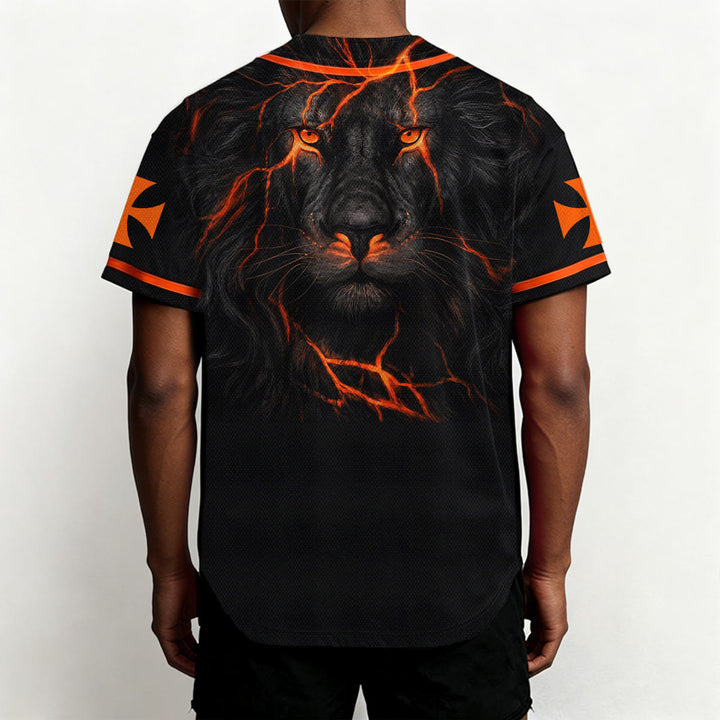 Christianartworkshop Parte delantera vertical Jesús Clavo Cruz Emblema Parte trasera Rayo León de Judá Retrato Camiseta de béisbol abotonada - image 18