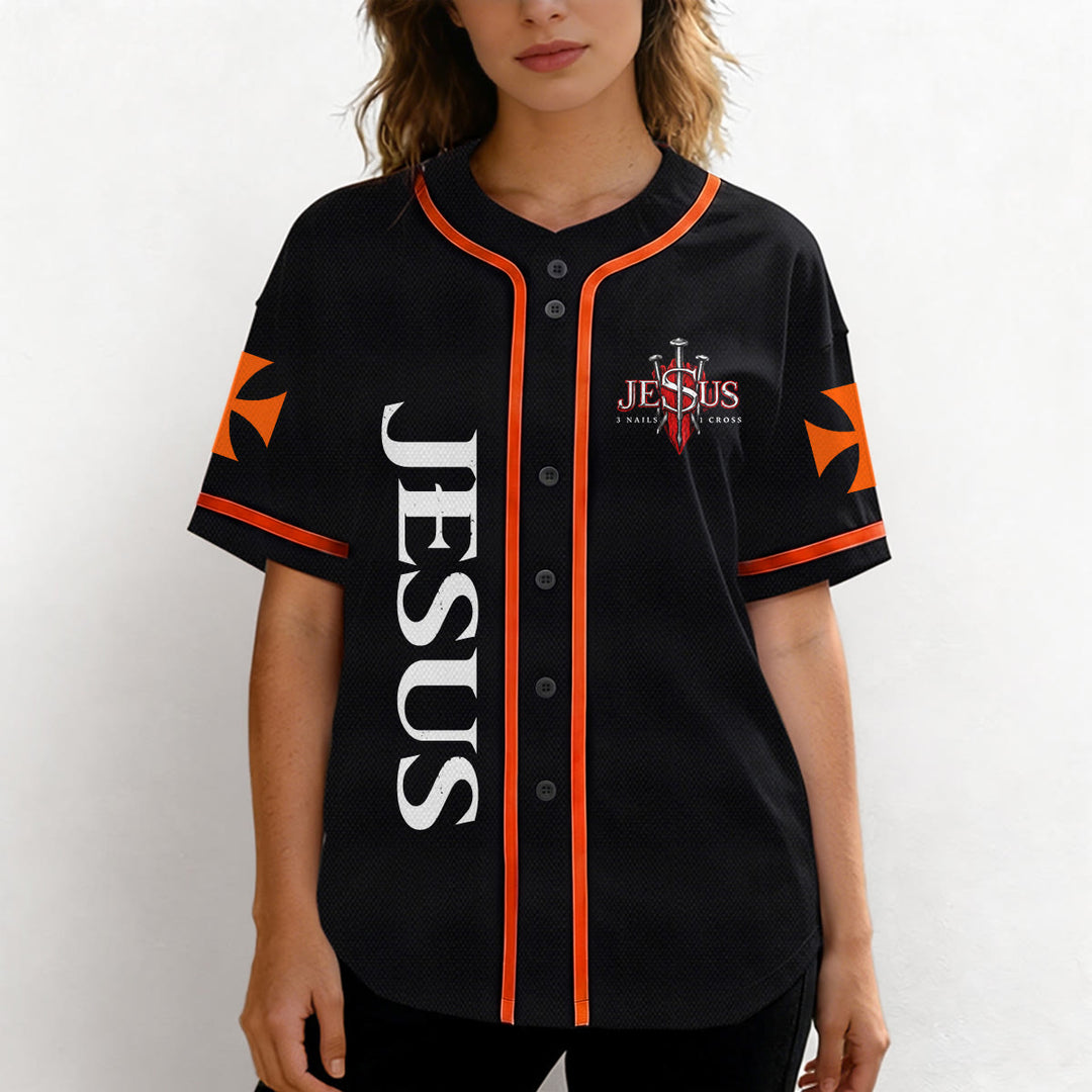 Christianartworkshop Parte delantera vertical Jesús Clavo Cruz Emblema Parte trasera Rayo León de Judá Retrato Camiseta de béisbol abotonada - image 19