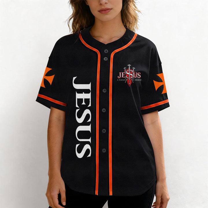 Christianartworkshop Parte delantera vertical Jesús Clavo Cruz Emblema Parte trasera Rayo León de Judá Retrato Camiseta de béisbol abotonada - image 19