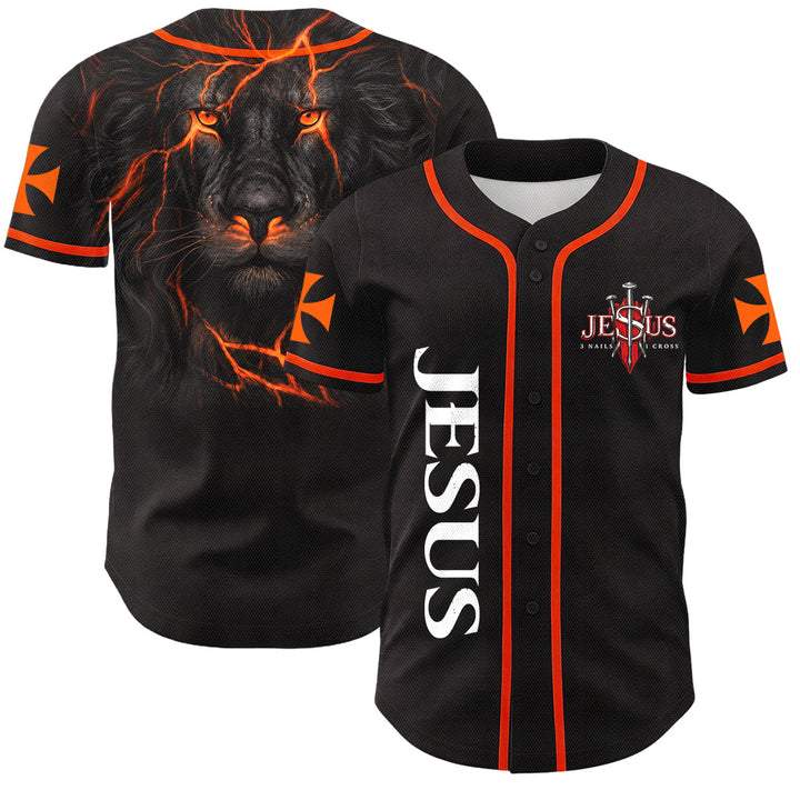 Christianartworkshop Parte delantera vertical Jesús Clavo Cruz Emblema Parte trasera Rayo León de Judá Retrato Camiseta de béisbol abotonada - Naranja - 5XL - image 14