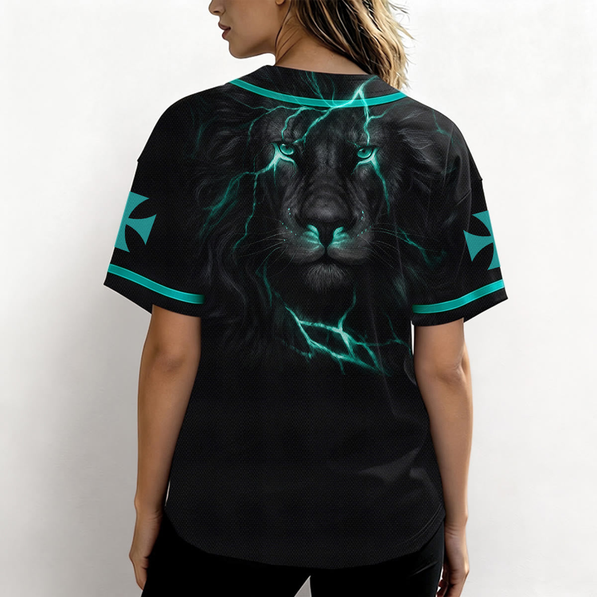 Christianartworkshop Camiseta de béisbol con botones y emblema de la Cruz de Jesús vertical en la parte delantera y retrato del León de Judá con rayo en la parte trasera. - image 27