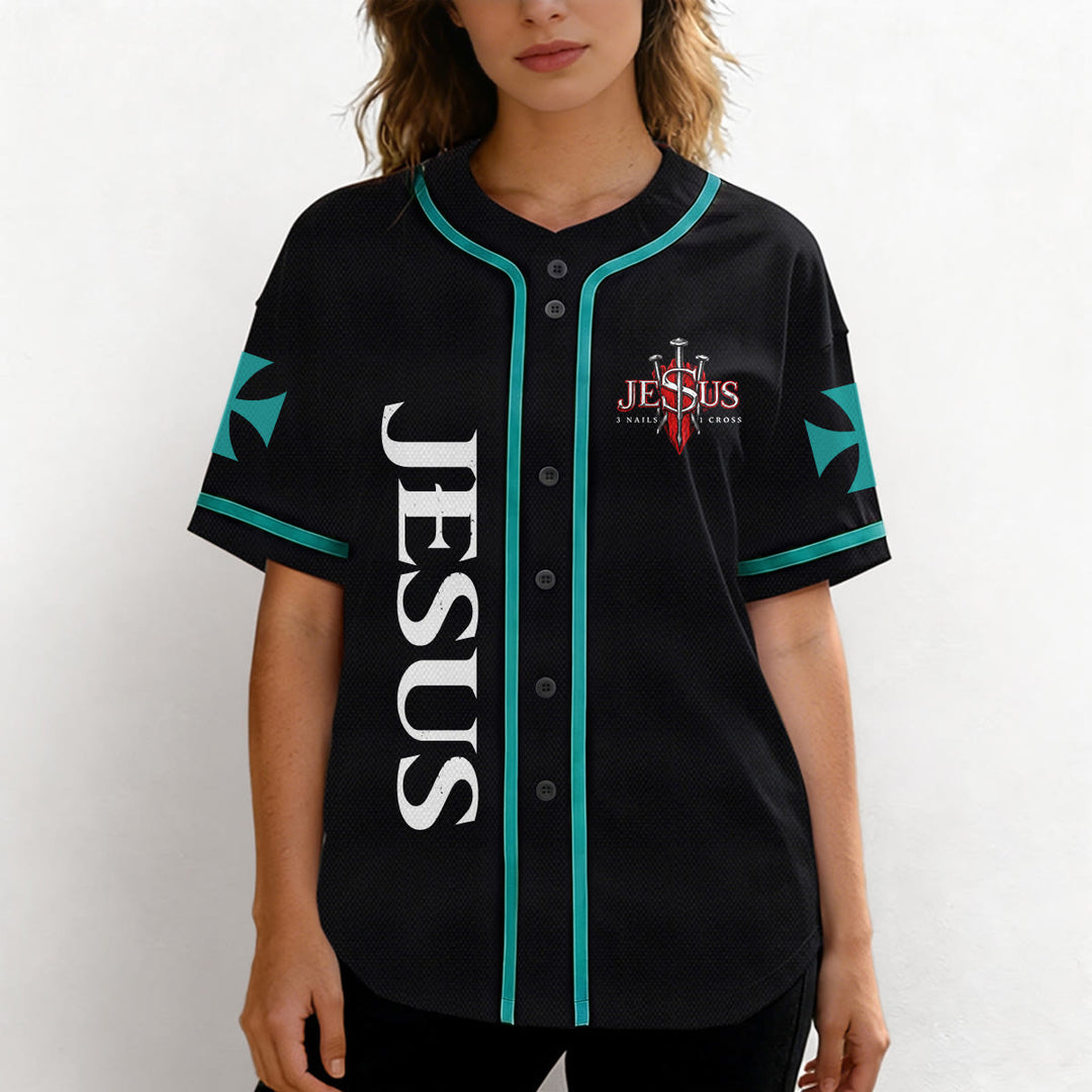 Christianartworkshop Parte delantera vertical Jesús Clavo Cruz Emblema Parte trasera Rayo León de Judá Retrato Camiseta de béisbol abotonada - image 26