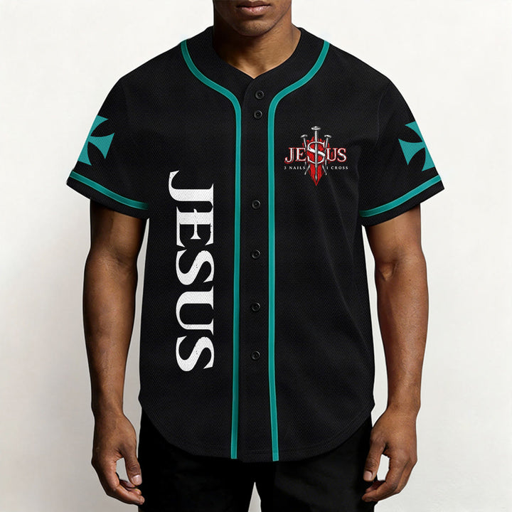 Christianartworkshop Parte delantera vertical Jesús Clavo Cruz Emblema Parte trasera Rayo León de Judá Retrato Camiseta de béisbol abotonada - image 24