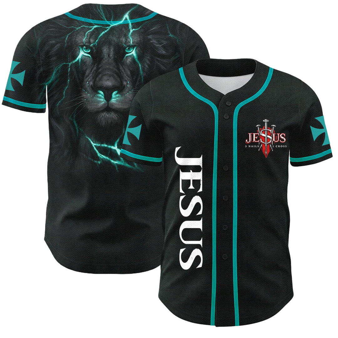 Christianartworkshop Parte delantera vertical Jesús Clavo Cruz Emblema Parte trasera Rayo León de Judá Retrato Camiseta de béisbol abotonada - Azul del lago - 5XL - image 21