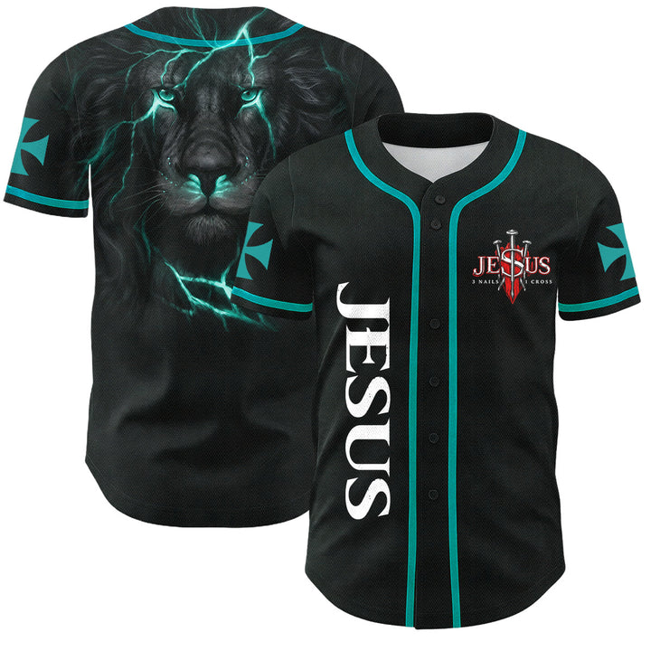 Christianartworkshop Parte delantera vertical Jesús Clavo Cruz Emblema Parte trasera Rayo León de Judá Retrato Camiseta de béisbol abotonada - Azul del lago - 5XL - image 21