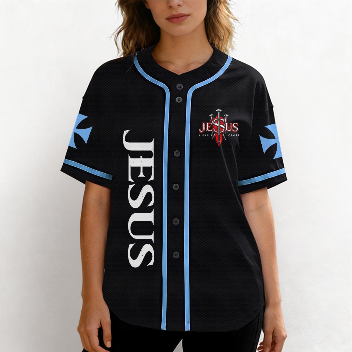 Christianartworkshop Camiseta de béisbol con botones y emblema de la Cruz de Jesús vertical en la parte delantera y retrato del León de Judá con rayo en la parte trasera. - image 33