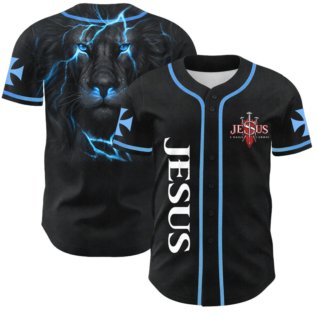 Christianartworkshop Parte delantera vertical Jesús Clavo Cruz Emblema Parte trasera Rayo León de Judá Retrato Camiseta de béisbol abotonada - Azul cielo - 5XL - image 28