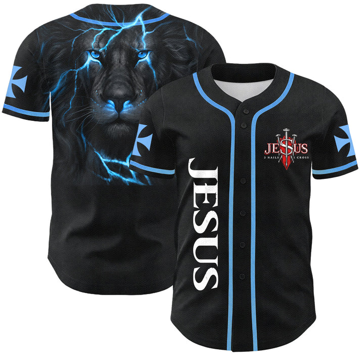 Christianartworkshop Parte delantera vertical Jesús Clavo Cruz Emblema Parte trasera Rayo León de Judá Retrato Camiseta de béisbol abotonada - Azul cielo - 5XL - image 28