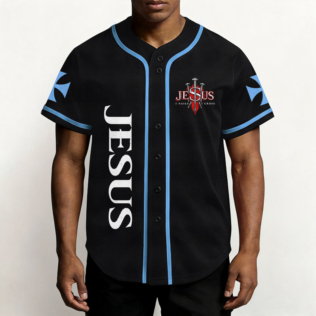 Christianartworkshop Parte delantera vertical Jesús Clavo Cruz Emblema Parte trasera Rayo León de Judá Retrato Camiseta de béisbol abotonada - image 31