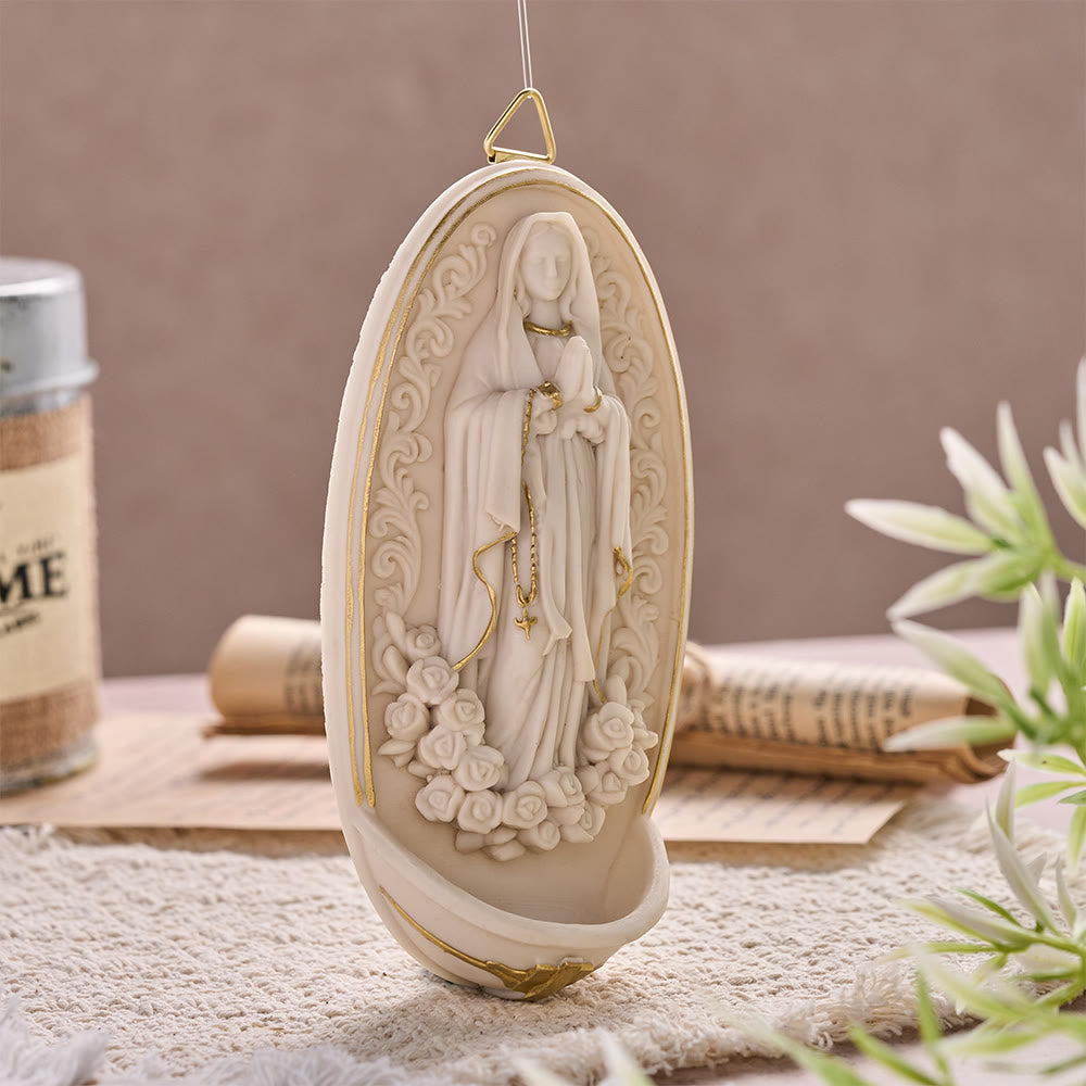 Christianartworkshop Pila bautismal de pared con la Virgen María en oración y marco de rosas: símbolo de paz interior. - image 2