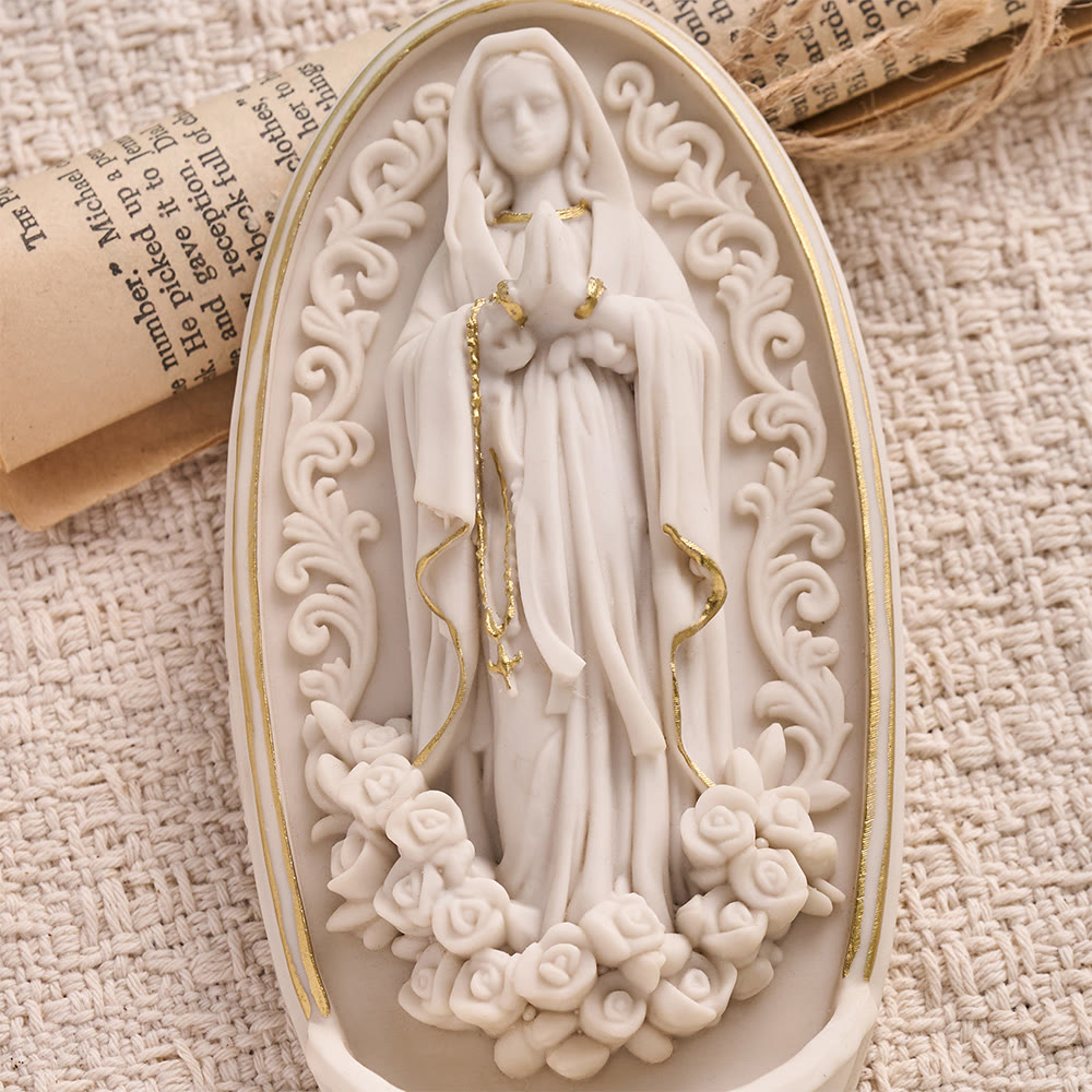 Christianartworkshop Pila bautismal de pared con la Virgen María en oración y marco de rosas: símbolo de paz interior. - image 4