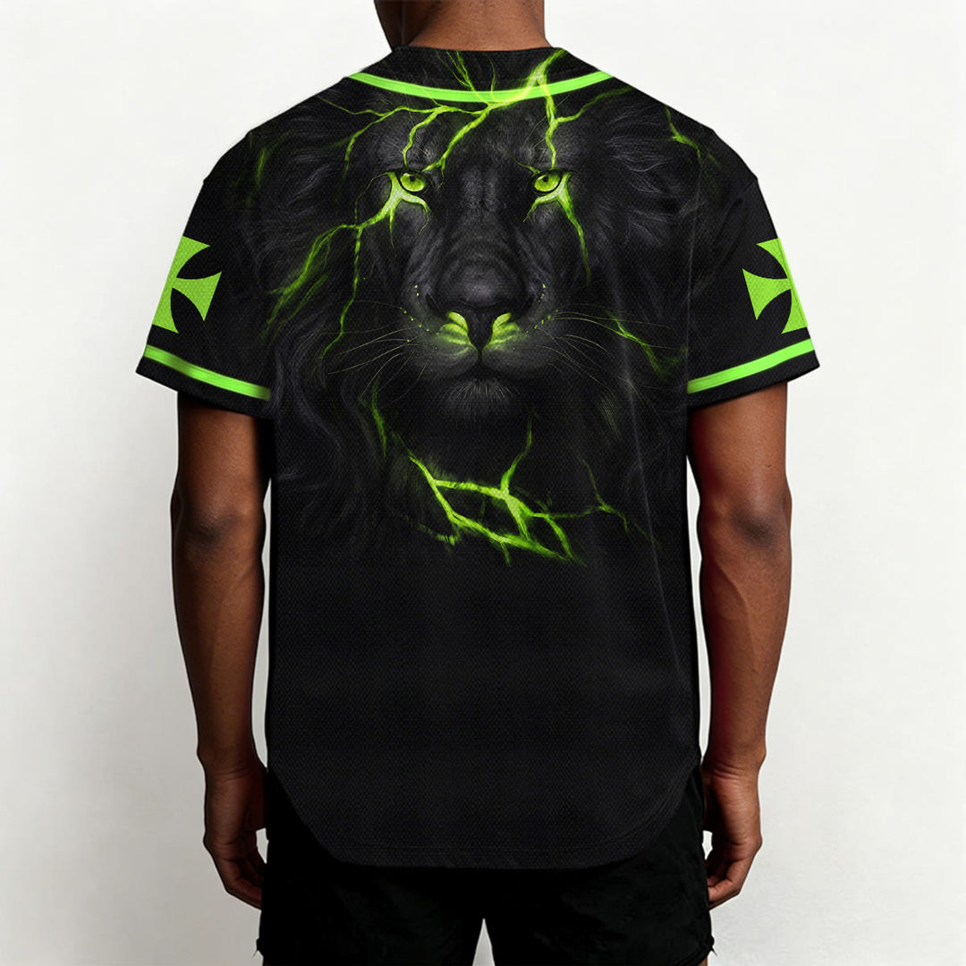 Christianartworkshop Parte delantera vertical Jesús Clavo Cruz Emblema Parte trasera Rayo León de Judá Retrato Camiseta de béisbol abotonada - image 46