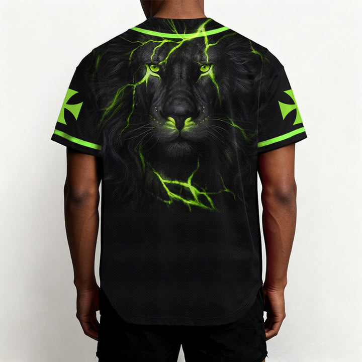 Christianartworkshop Parte delantera vertical Jesús Clavo Cruz Emblema Parte trasera Rayo León de Judá Retrato Camiseta de béisbol abotonada - image 46