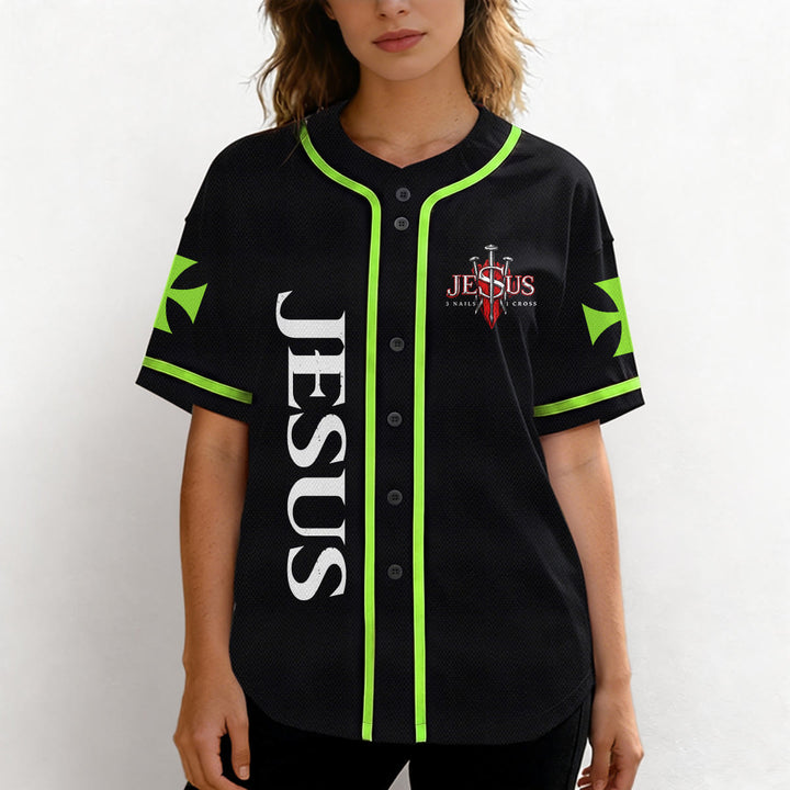 Christianartworkshop Parte delantera vertical Jesús Clavo Cruz Emblema Parte trasera Rayo León de Judá Retrato Camiseta de béisbol abotonada - image 47
