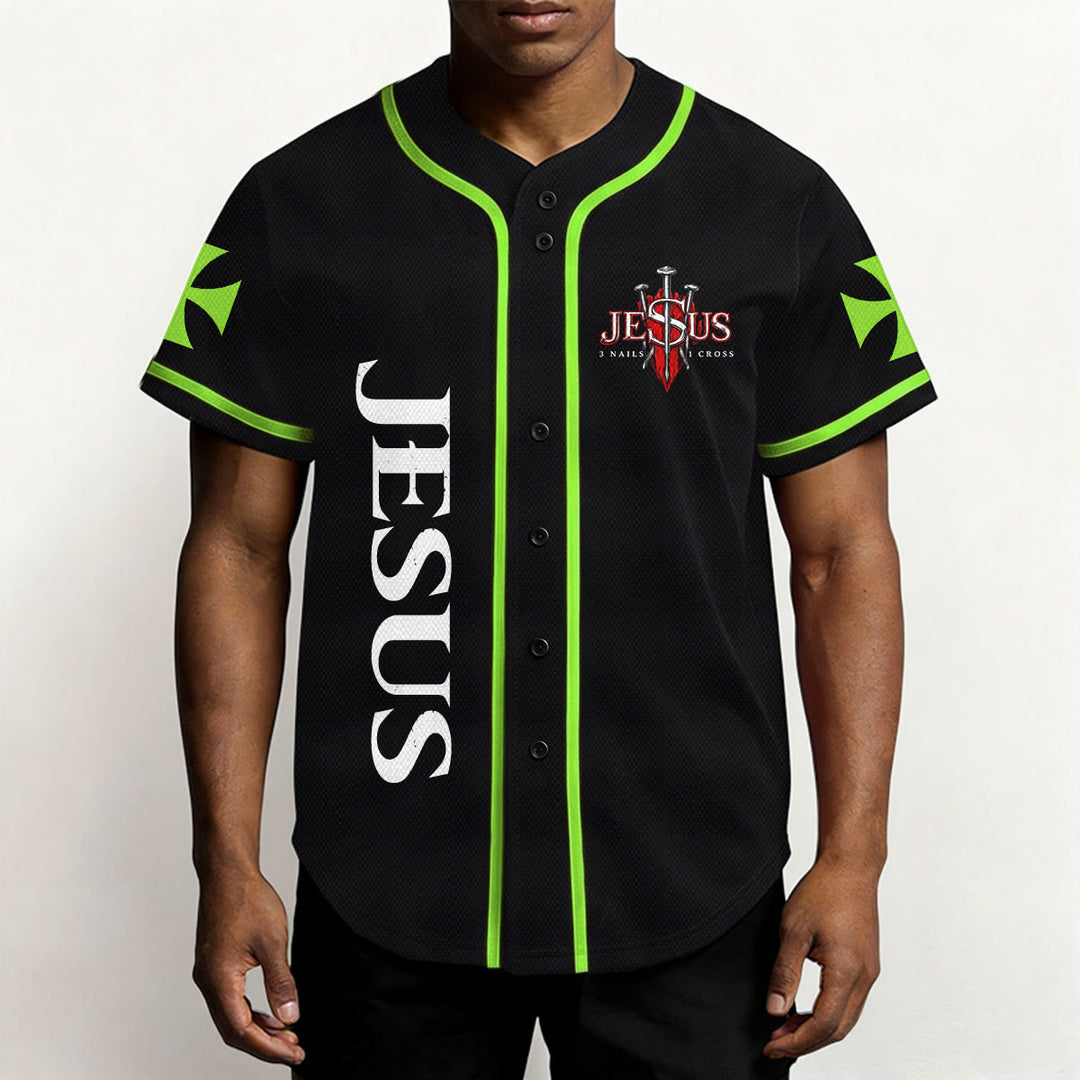 Christianartworkshop Parte delantera vertical Jesús Clavo Cruz Emblema Parte trasera Rayo León de Judá Retrato Camiseta de béisbol abotonada - image 45