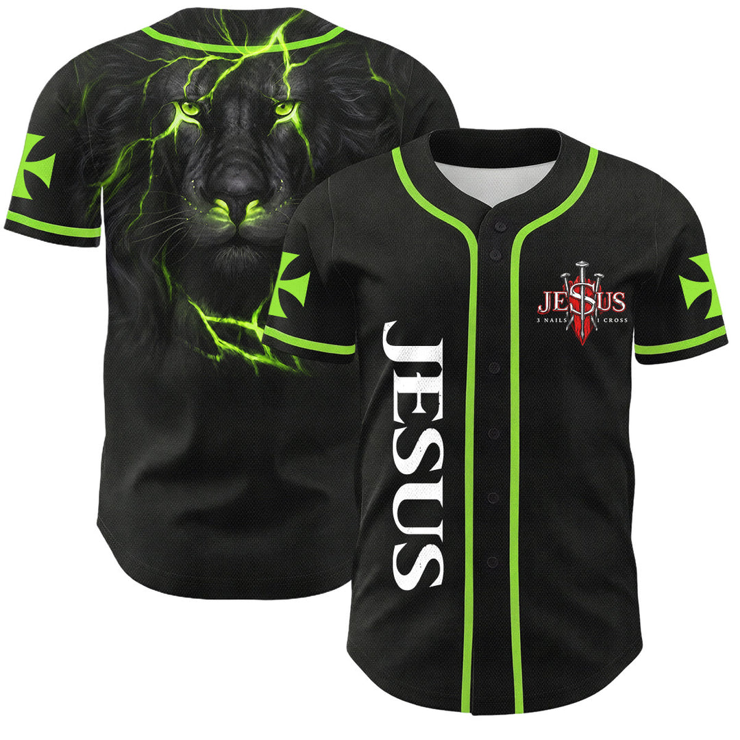 Christianartworkshop Parte delantera vertical Jesús Clavo Cruz Emblema Parte trasera Rayo León de Judá Retrato Camiseta de béisbol abotonada - Verde - 5XL - image 42