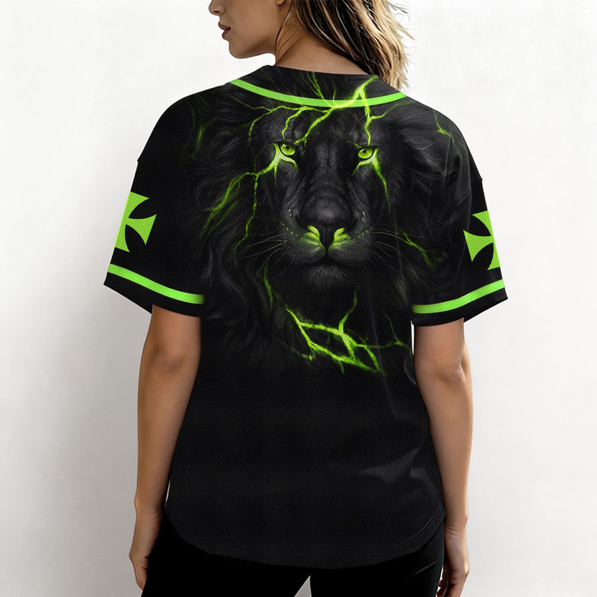 Christianartworkshop Camiseta de béisbol con botones y emblema de la Cruz de Jesús vertical en la parte delantera y retrato del León de Judá con rayo en la parte trasera. - image 48