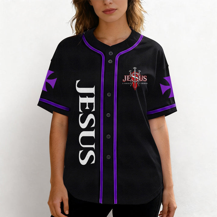 Christianartworkshop Parte delantera vertical Jesús Clavo Cruz Emblema Parte trasera Rayo León de Judá Retrato Camiseta de béisbol abotonada - image 54