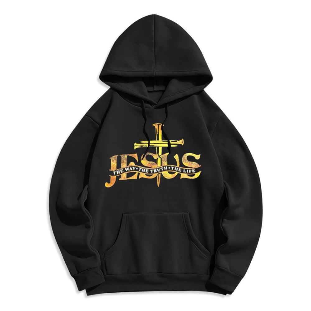 Christianartworkshop Sudadera con capucha negra forrada de poliéster con cruz de Jesús color oro vintage. - Negro - 2XL - image 1